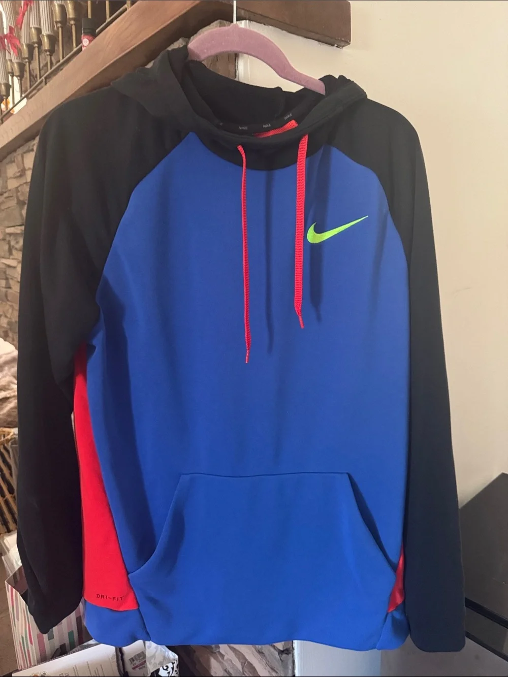 Nike Blue & Black Pullover Hoodie with Neon Green Swoosh and Red Accents